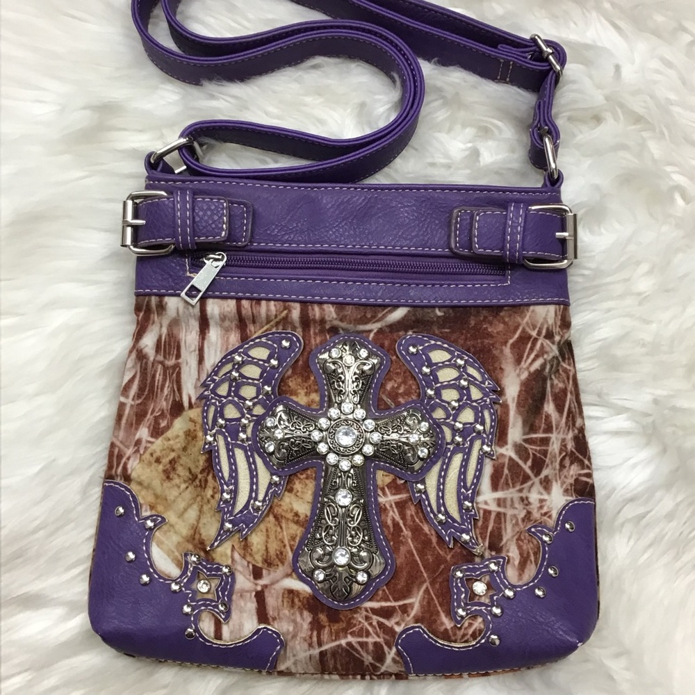 BHW Cross Body Bag Small Camouflage Purse Jeweled Cross Wings Boho Adjustable